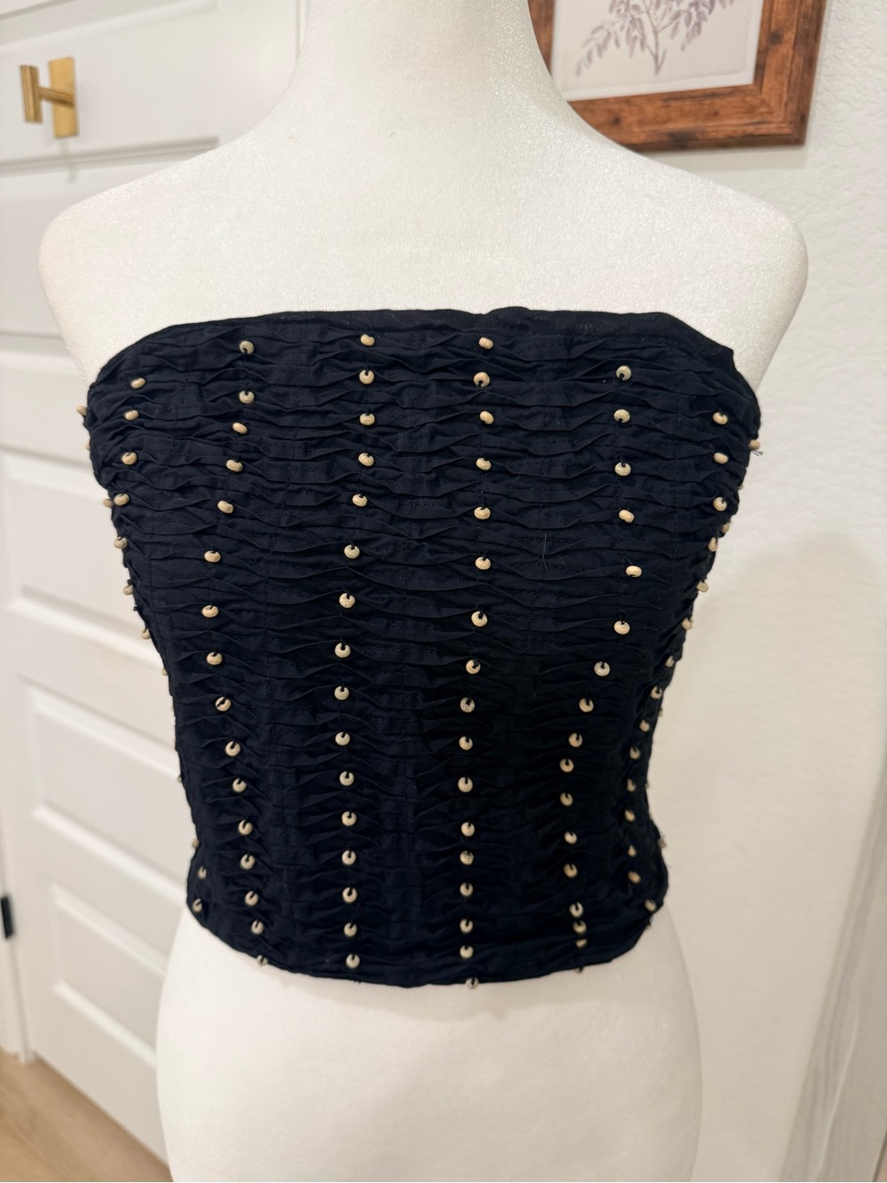 Zara Strapless Black Ruched Tube Top with wooden beads